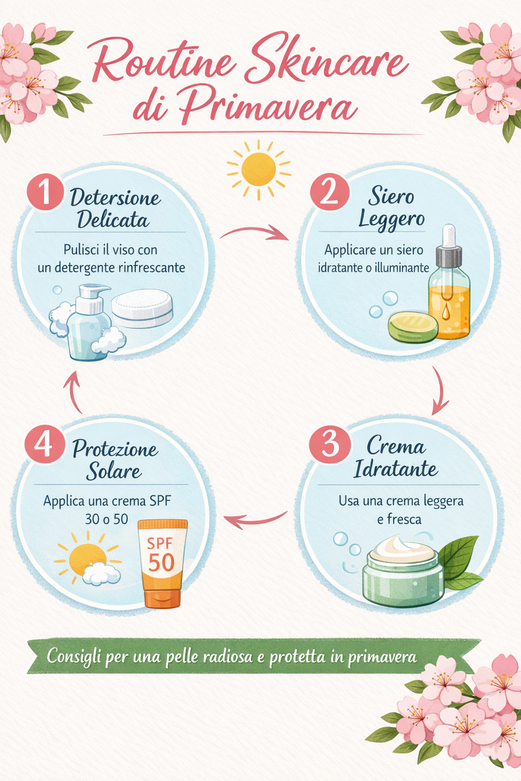 Routine skincare di primavera con 4 step: detersione delicata, siero leggero, crema idratante e protezione solare SPF 30 o 50